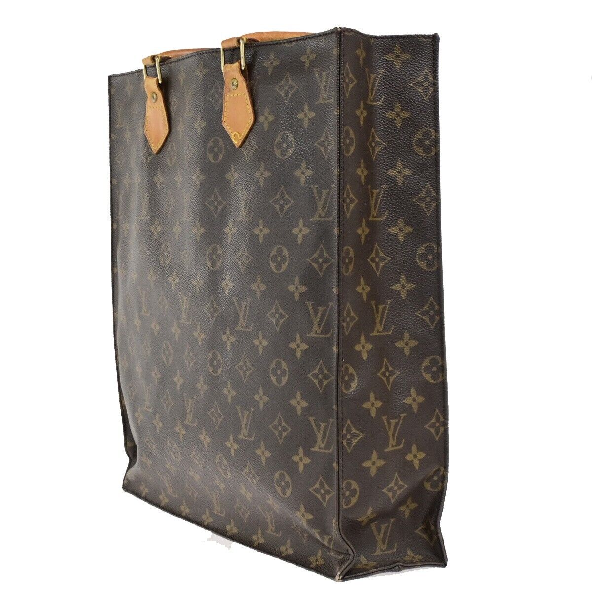 LOUIS VUITTON Logo Sac Plat Hand Tote Bag Monogram Leather Brown M51140 65ED899