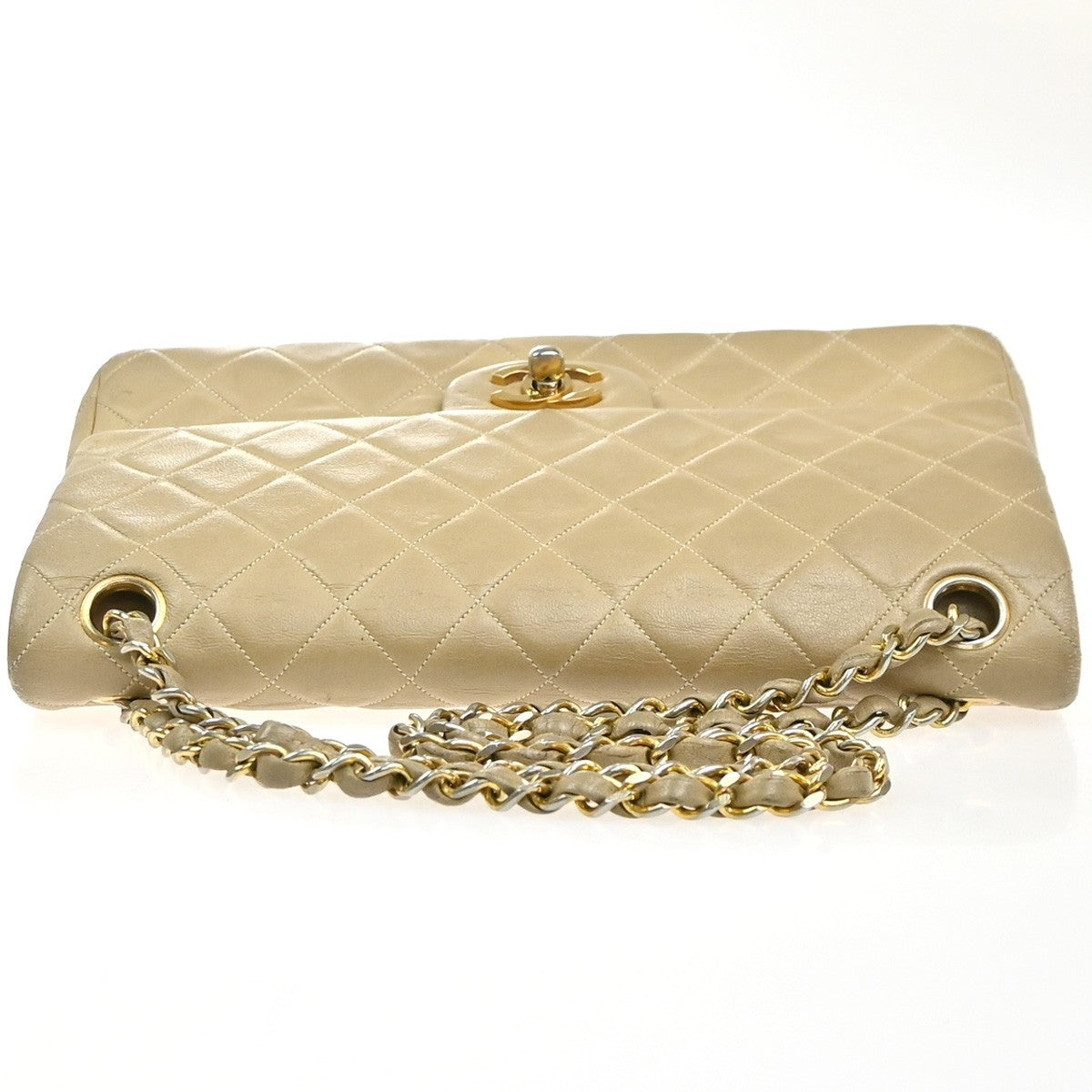 CHANEL CC Matelasse 25 Double Flap Cahin Shoulder Bag Leather Beige GHW 397RL943
