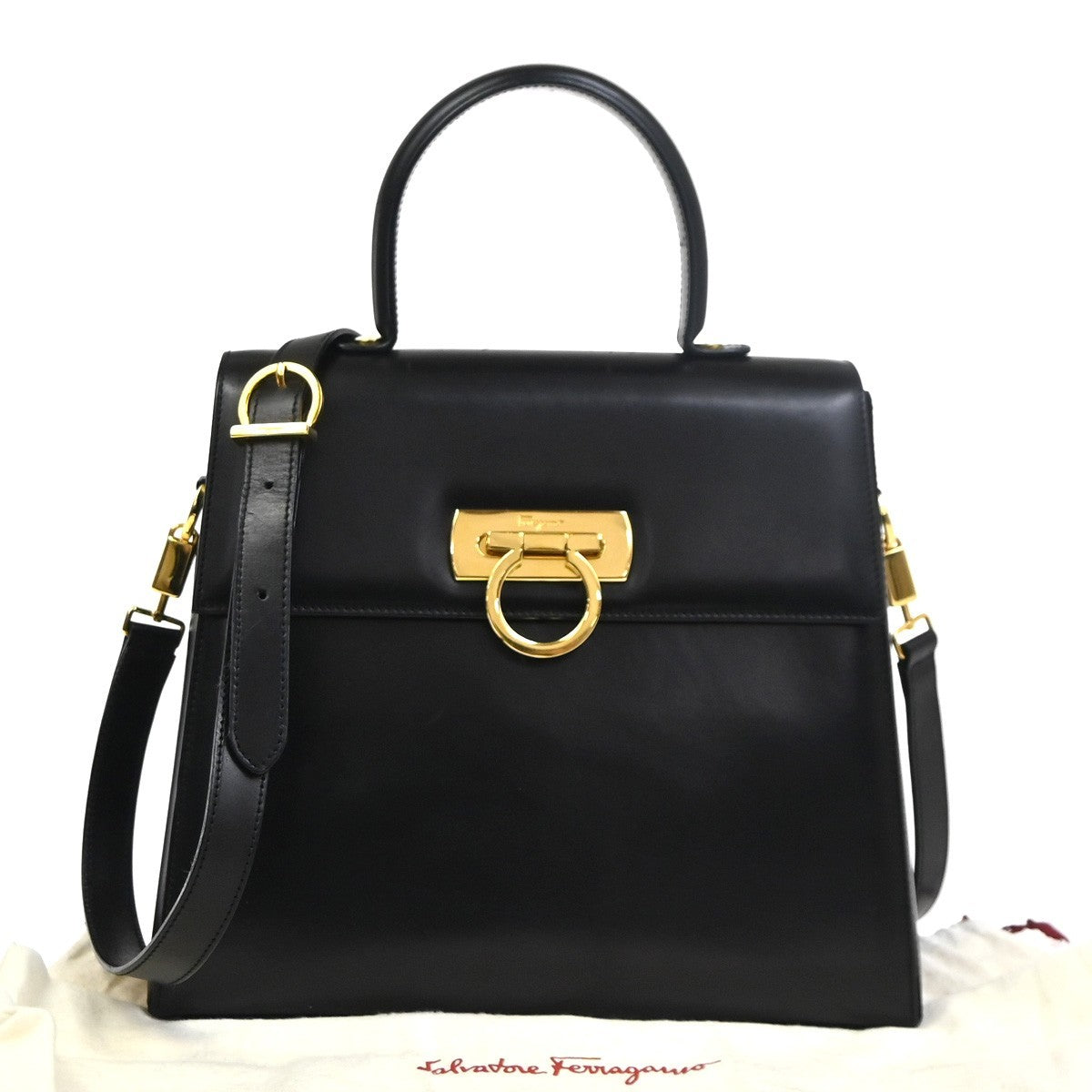 SALVATORE FERRAGAMO Gancini 2Way Shoulder Hand Bag Leather Black GHW 85RL932