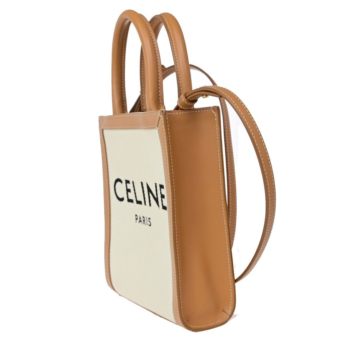 CELINE Logo Vertical Cabas 2Way Mini Hand Tote Bag Canvas Leather Brown 667RK640