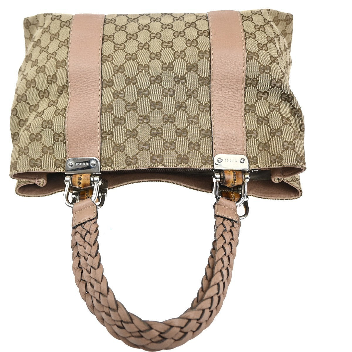GUCCI Logo Bamboo GG Shoulder Hand Bag Canvas Leather Beige Pink Italy 32MA171