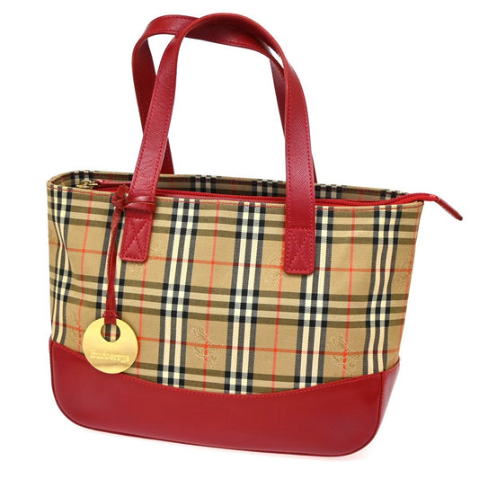 Burberrys Logo Nova Check Tote Handbag Canvas Leather Red Brown GHW  62DA319