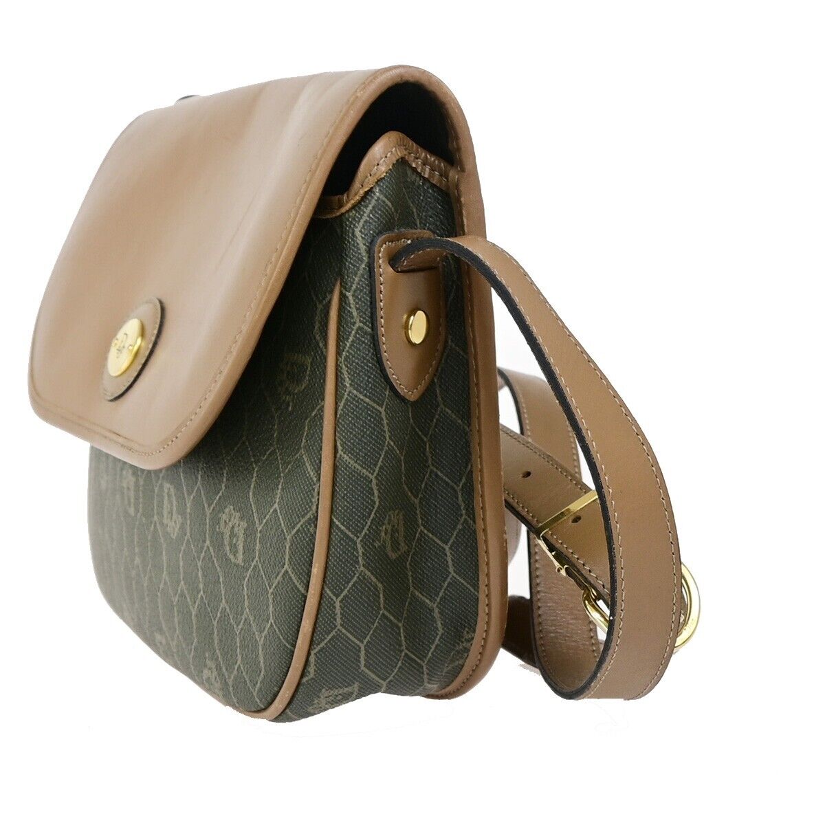 CHRISTIAN DIOR Logos Honeycomb Shoulder Bag PVC Leather Brown Gold 36FB184