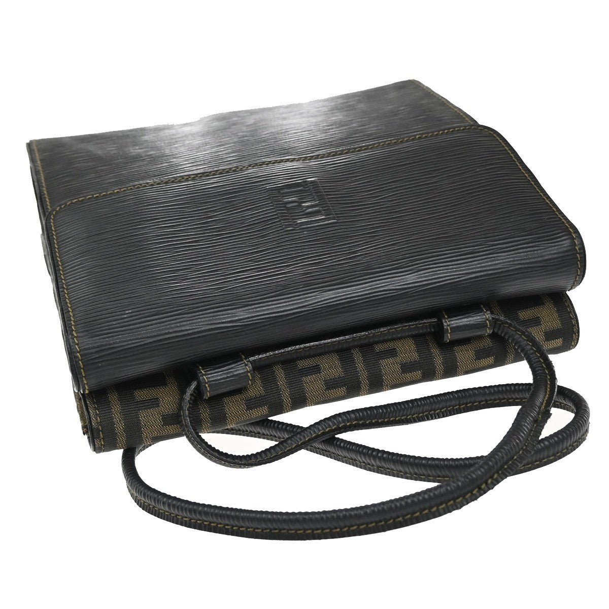 FENDI Logo Zucca Pattern Shoulder Bag Canvas Leather Brown Black GHW 76KP016
