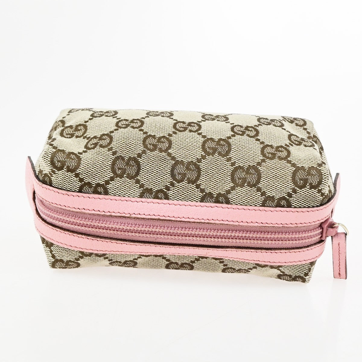 GUCCI Logo GG Pattern Cosmetic Pouch Canvas Leather Brown Pink GHW Italy 67YJ275