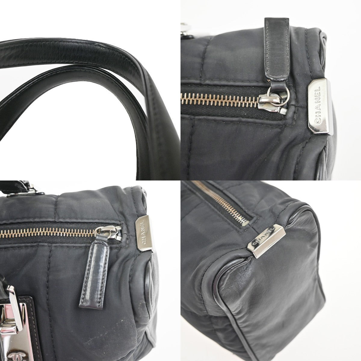 CHANEL CC Chocolate Bar Travel Hand Bag Nylon Leather Black SHW Italy 93RQ028