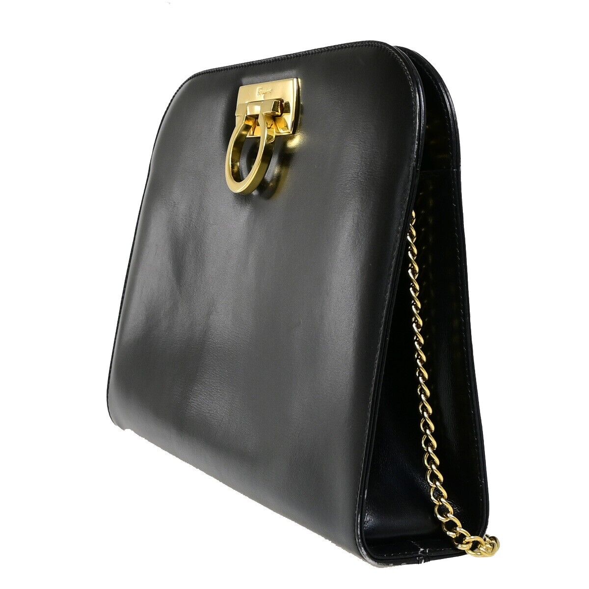 SALVATORE FERRAGAMO Gancini 2Way Chain Shoulder Clutch Bag Leather Black 36EB863