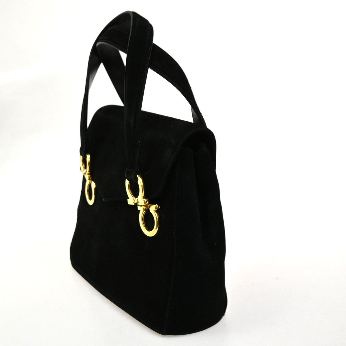 SALVATORE FERRAGAMO Gancini Hand Bag Suede Canvas Black GHW 68CA496