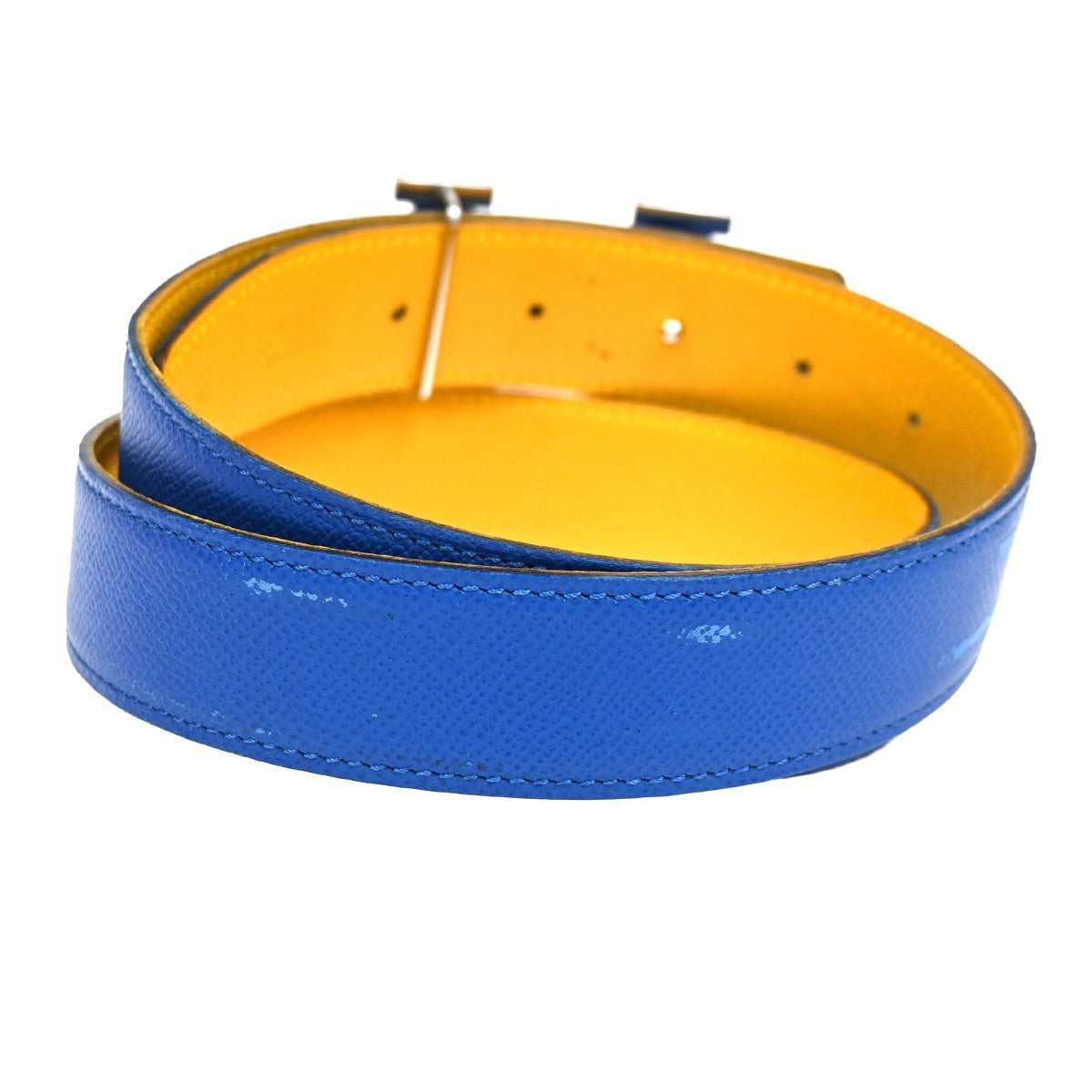 HERMES H Logo Constance Reversible Buckle Belt Leather #80 SHW Blue YW 82KC662