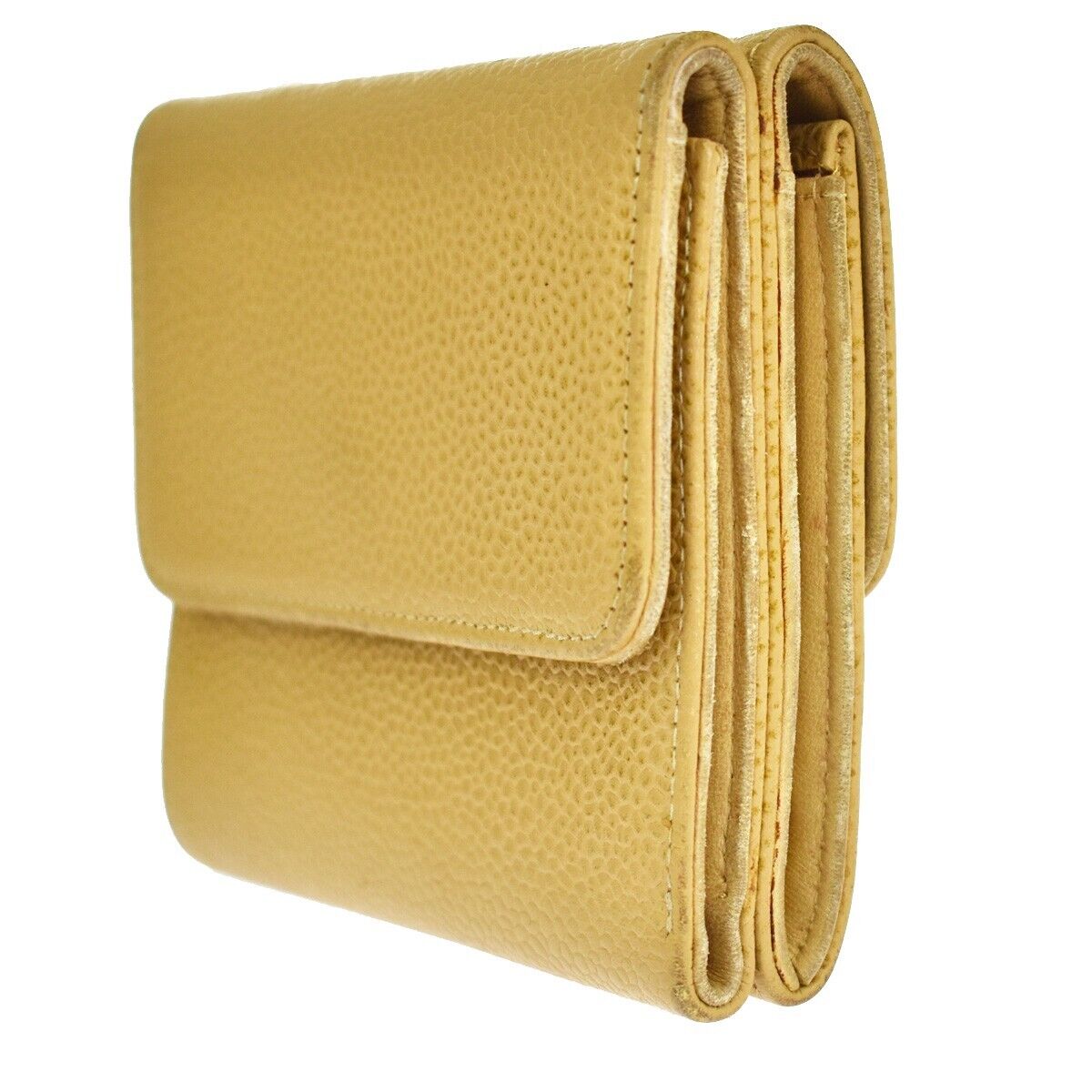 CHANEL CC Logo Bifold Wallet Purse Caviar Skin Leather Beige France 68sh439