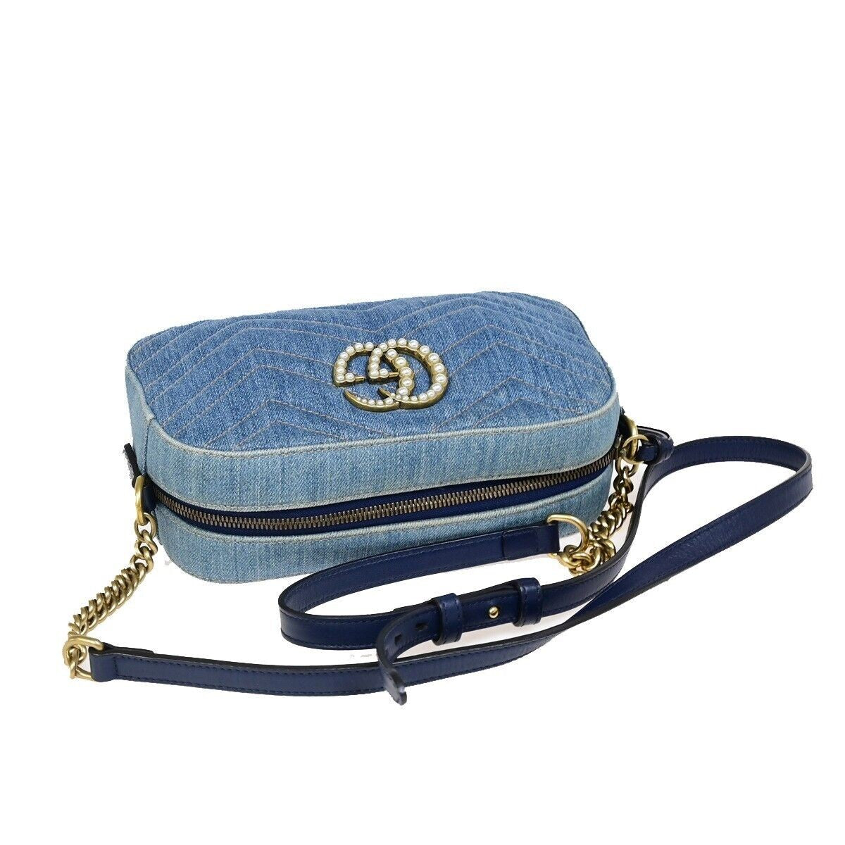 GUCCI GG Marmont Chain Shoulder Bag Imitation Pearl Leather Denim Blue 675RJ902