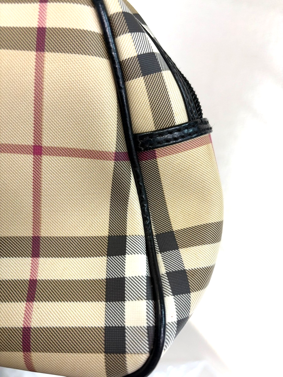 BURBERRY Logo Nova Check Pattern Hand Bag PVC Leather Black Beige SHW 31KD025