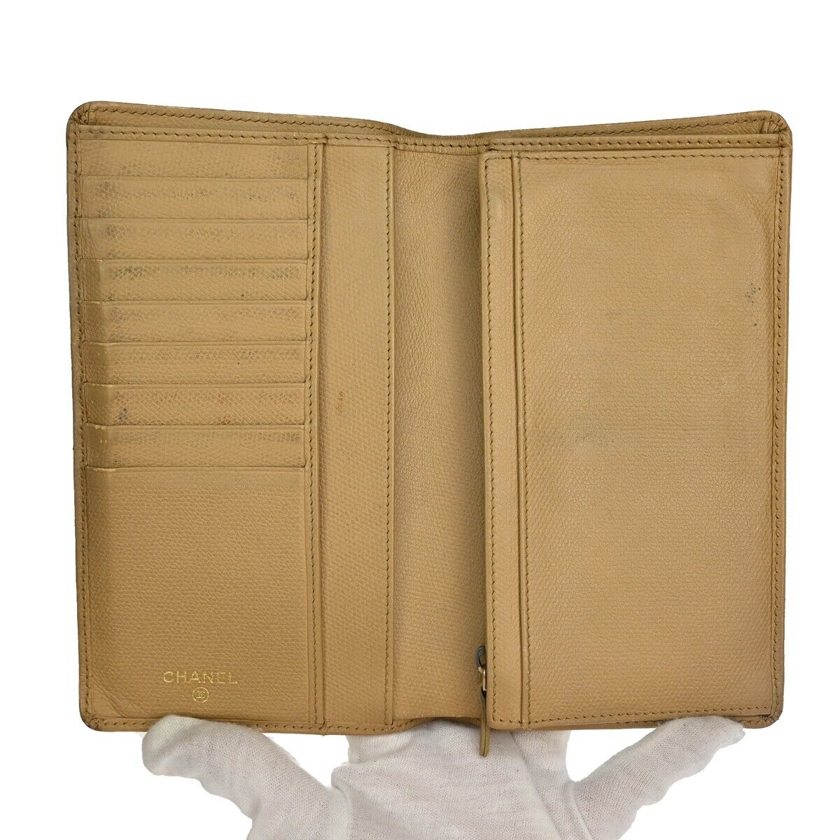 CHANEL CC Logo Long Bifold Wallet Purse Leather Beige Gold-Plated Italy 60GA245