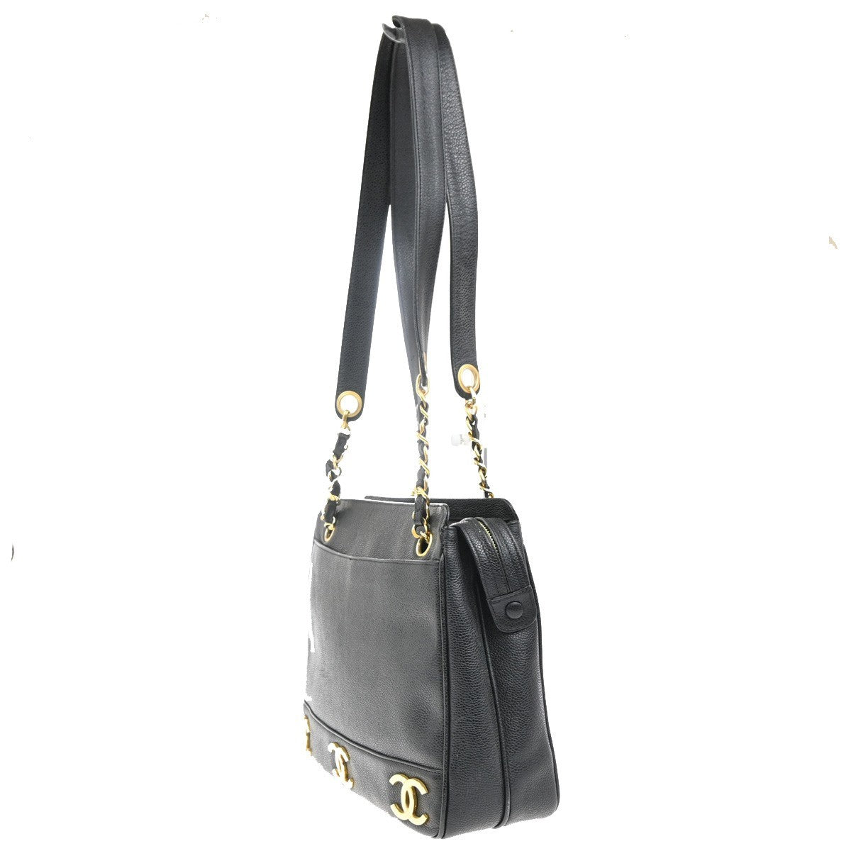 CHANEL Logo Shoulder Hand Bag Grained Calfskin Leather Black GHW Italy 373RL789