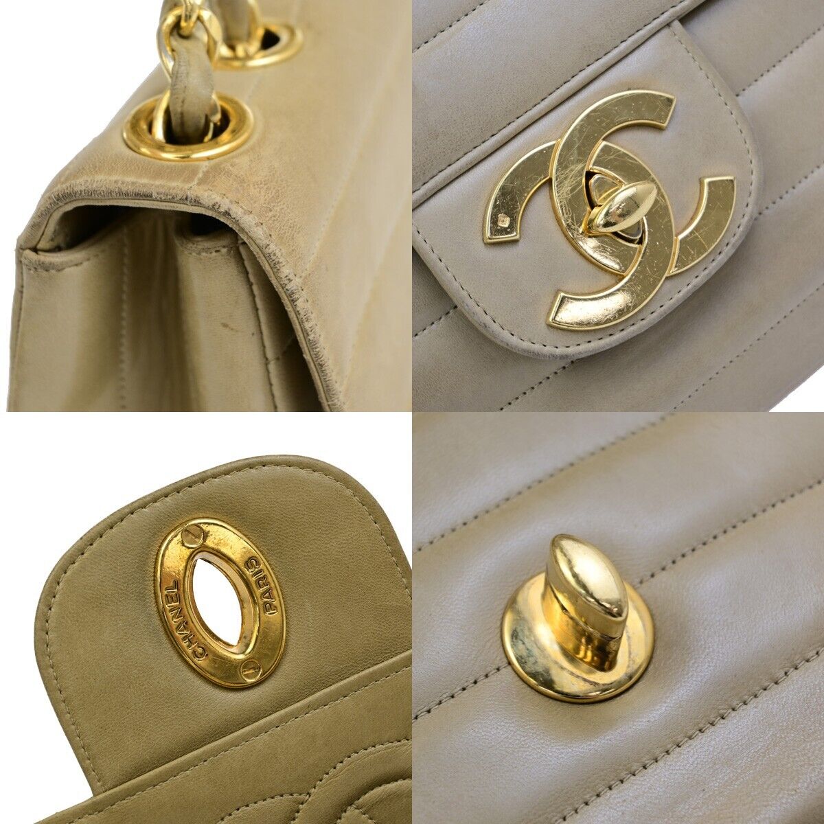 CHANEL CC Horizontal Stitch 30 Chain Shoulder Bag Leather Beige Vintage 653RF229