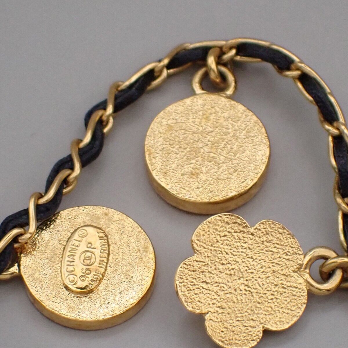 CHANEL CC Camellia Clover Chain Necklace 96P Leather GHW Vintage 665RK645