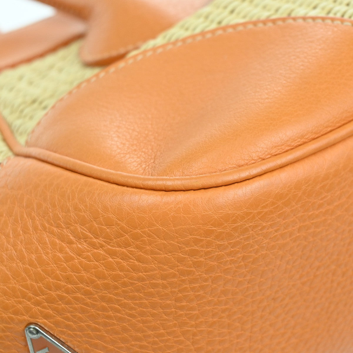 PRADA Logo Shoulder Bag Raffia Straw Leather Beige Orange SHW Italy 76YJ131