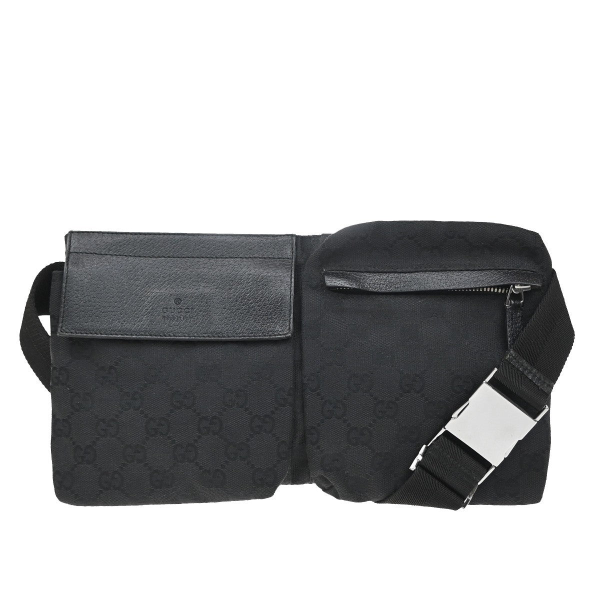 GUCCI Logo GG Pattern Bum Bag Canvas Leather Black SHW Italy 33MA677