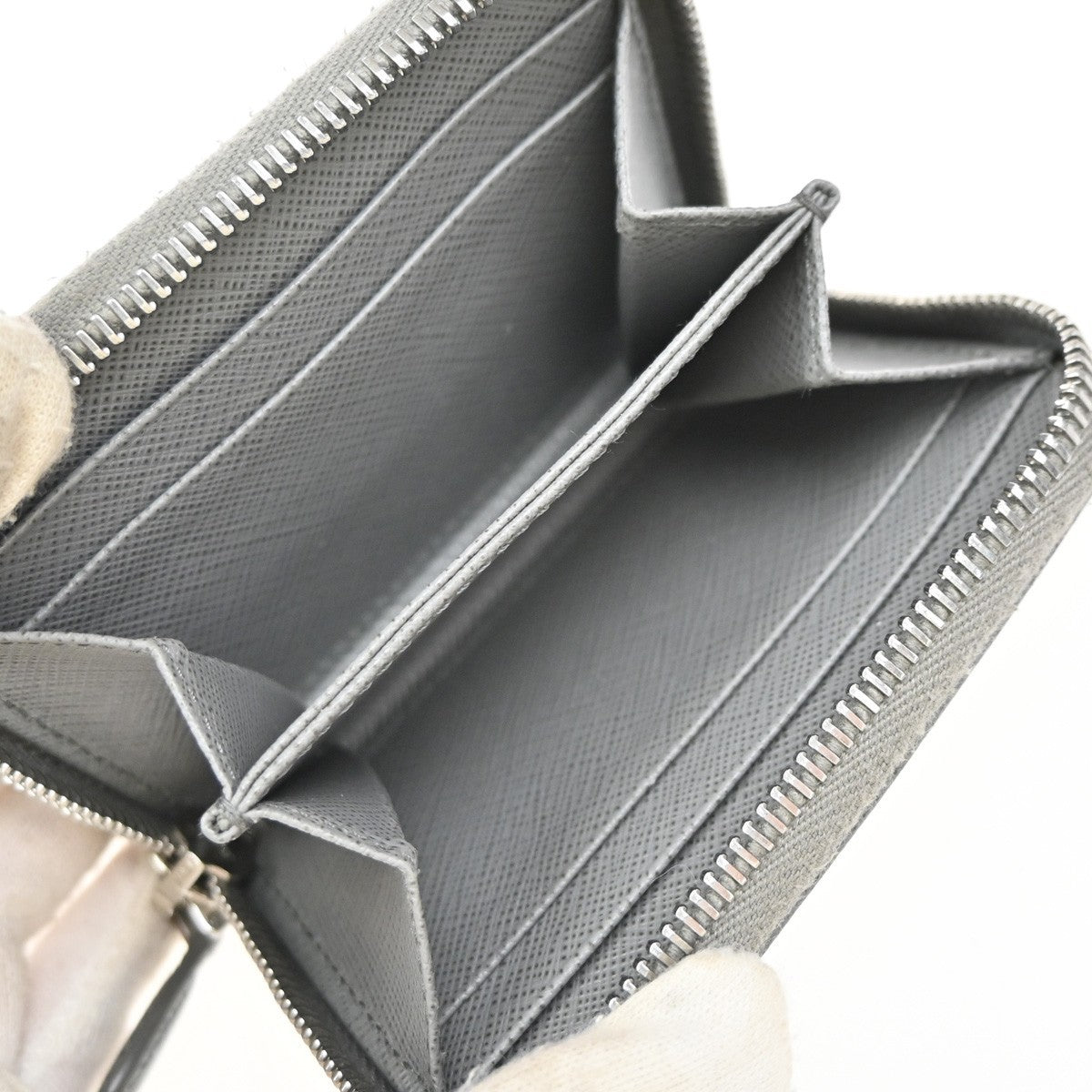 PRADA Zip Around Coin Case Compact Wallet Saffiano Leather Gray Italy 69KP577