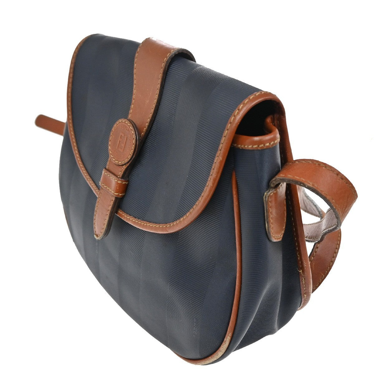 FENDI Pequin Pattern Shoulder Bag Canvas Leather Blue Brown GHW Italy 31TA412