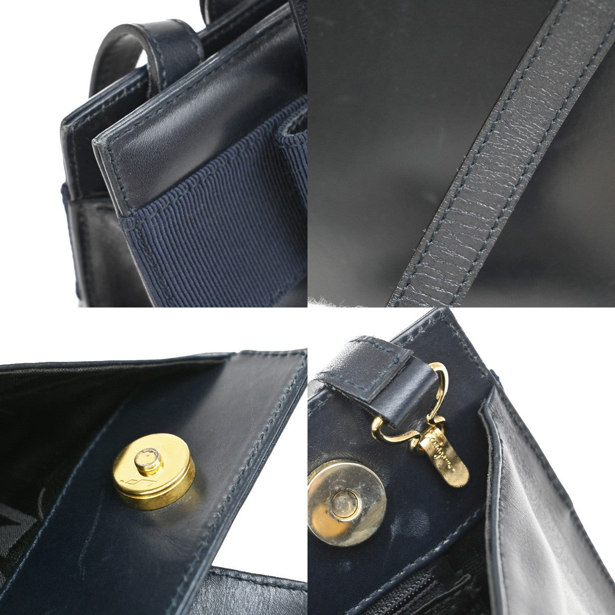 SALVATORE FERRAGAMO Vara 2Way Shoulder Hand Bag Canvas Leather Navy Blue 31EF372
