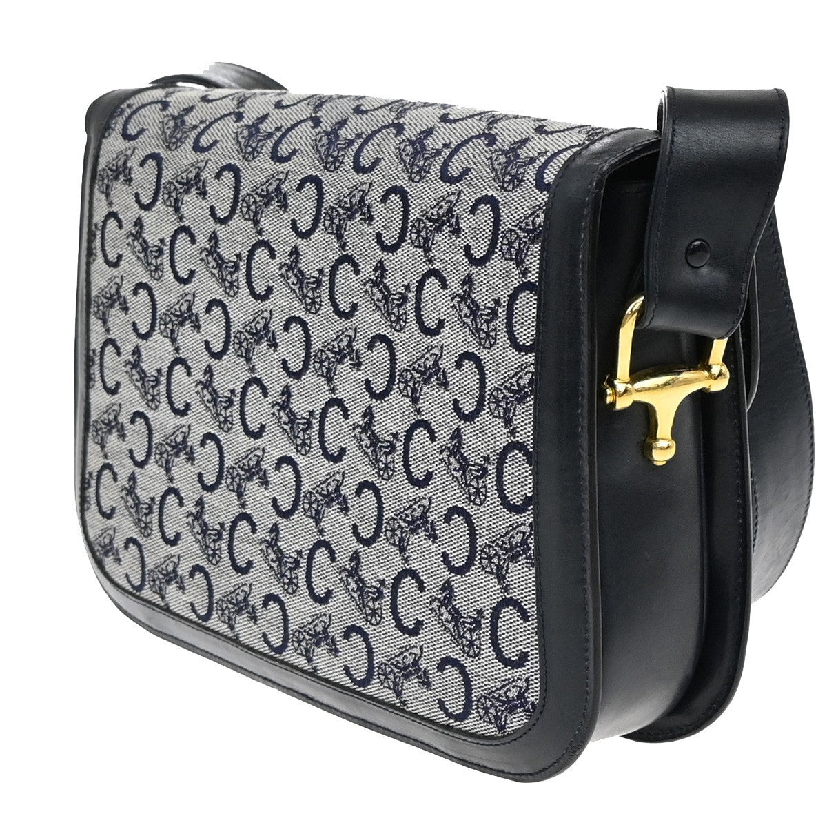 CELINE C Macadam Horse Carriage Shoulder Bag Canvas Leather Navy Blue 67EF889