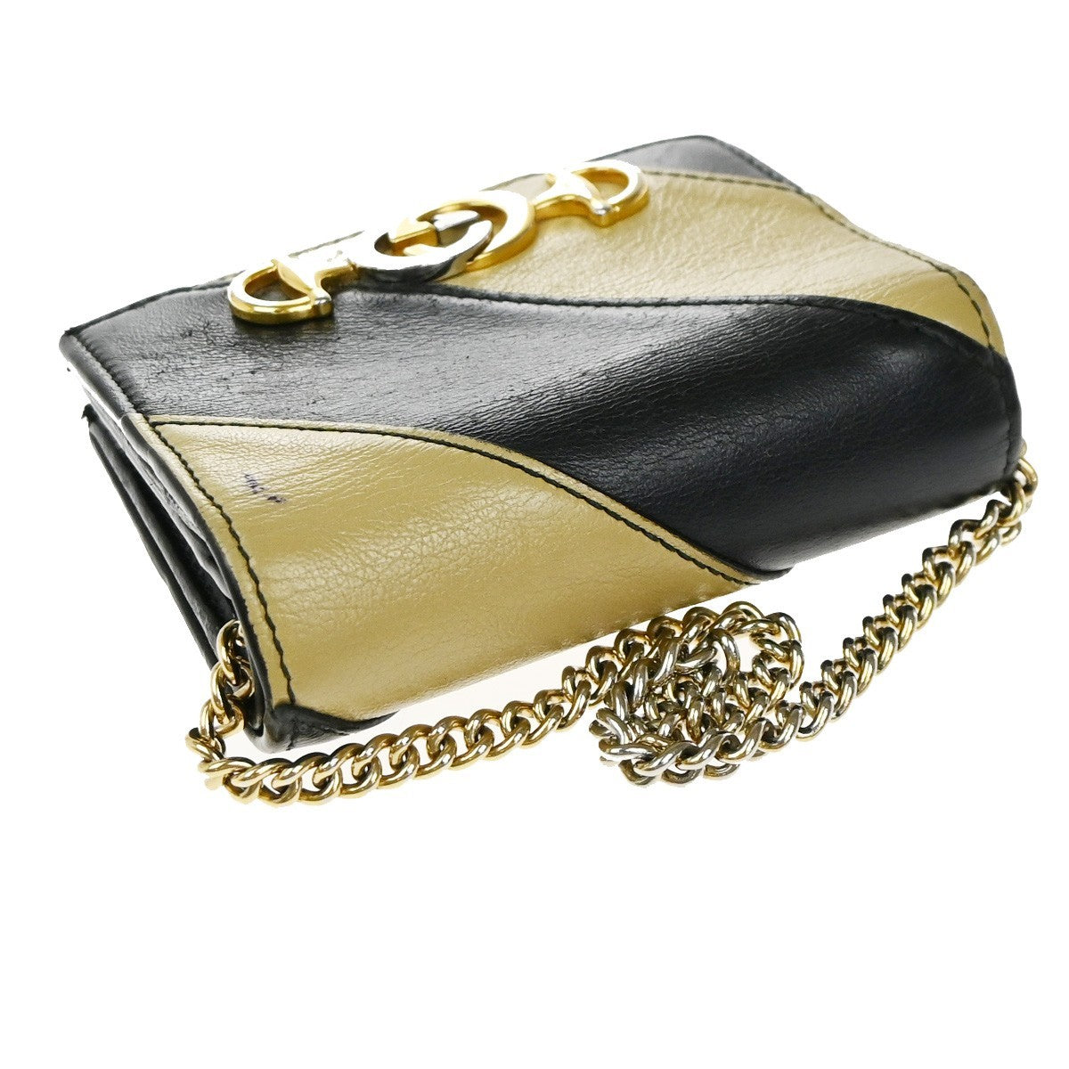 GUCCI GG Logo Zumi Chain Compact Wallet Leather Black Beige 60EG391