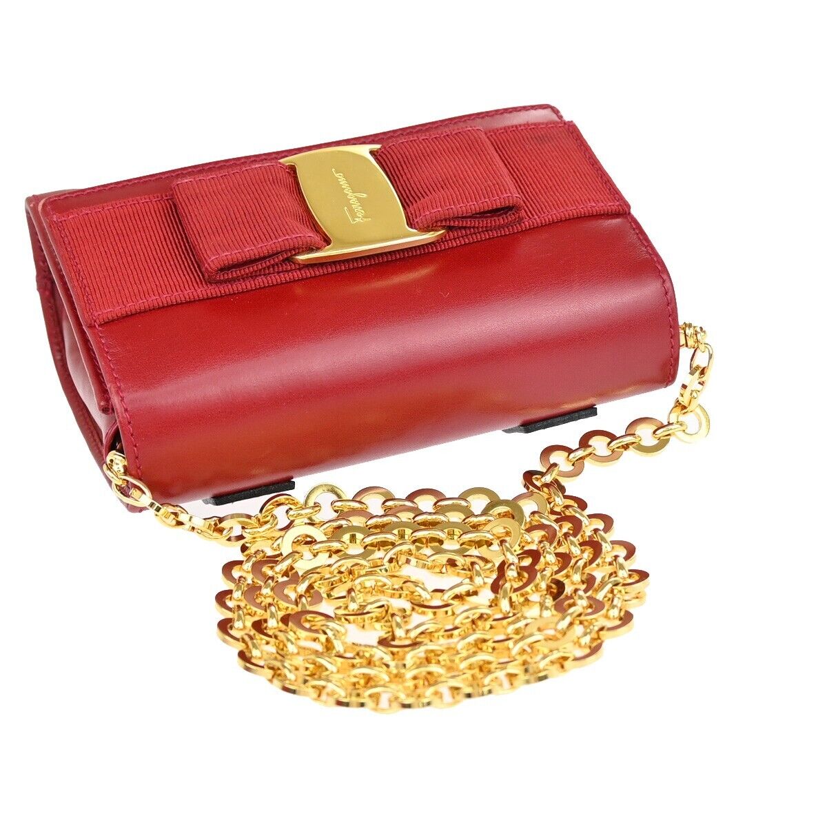 SALVATORE FERRAGAMO Vara 2Way Chain Mini Shoulder Clutch Bag Leather Red 31EA933