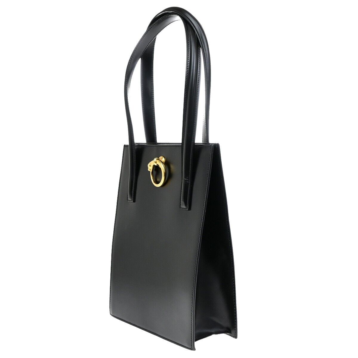 CARTIER Logo Panther Shoulder Hand Bag Leather Black GHW Made In Italy 34YG991