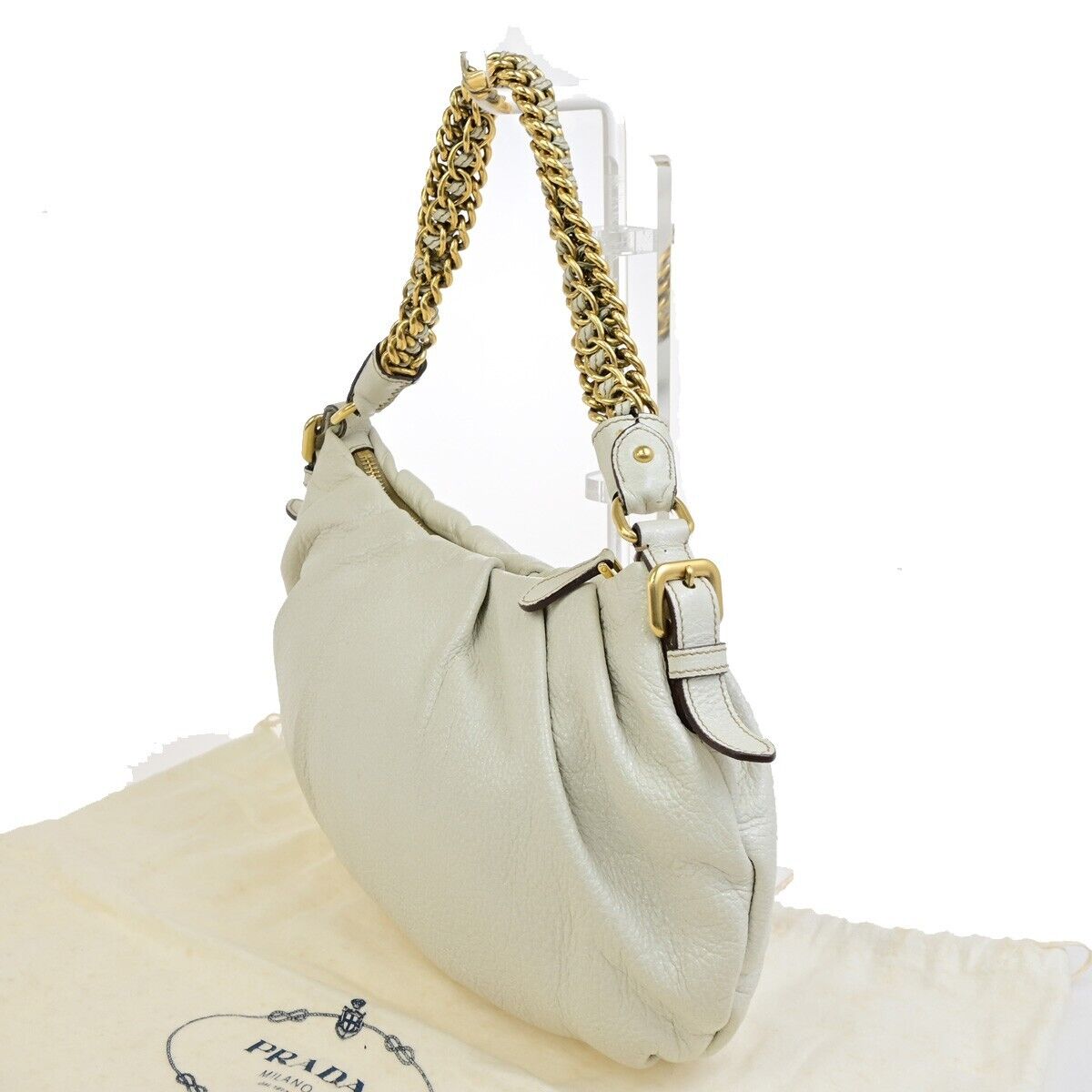PRADA Logo Cervo Lux Chain Shoulder Hobo Bag Leather White GHW 84FB371