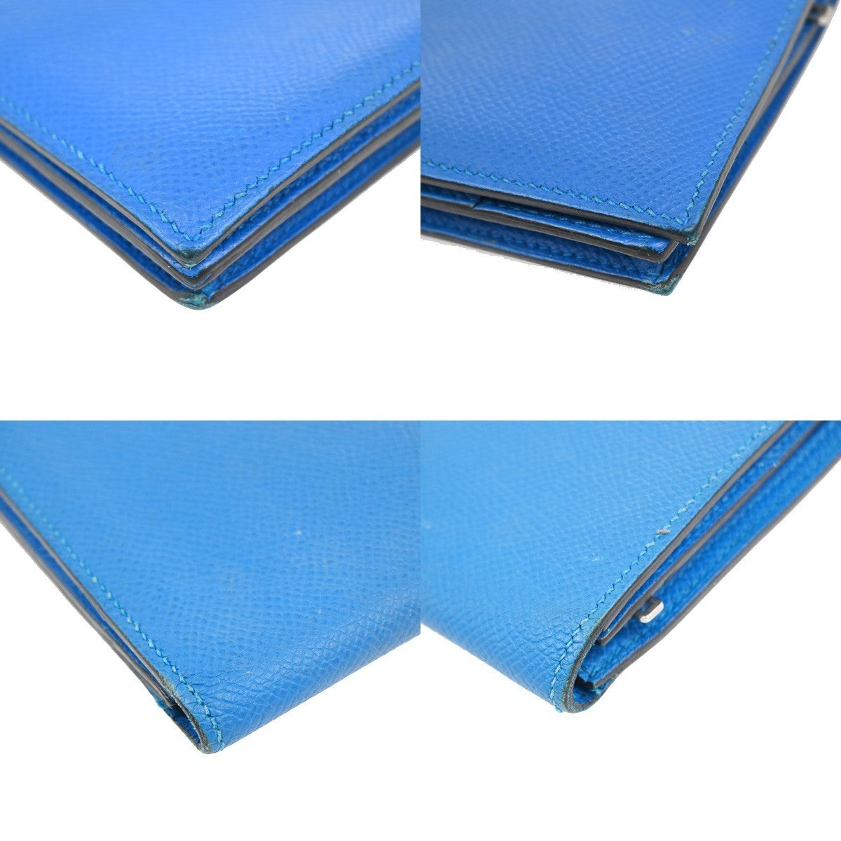 HERMES Logo Bearn Long Bifold Wallet Purse Epson Leather Blue SHW 65RQ023