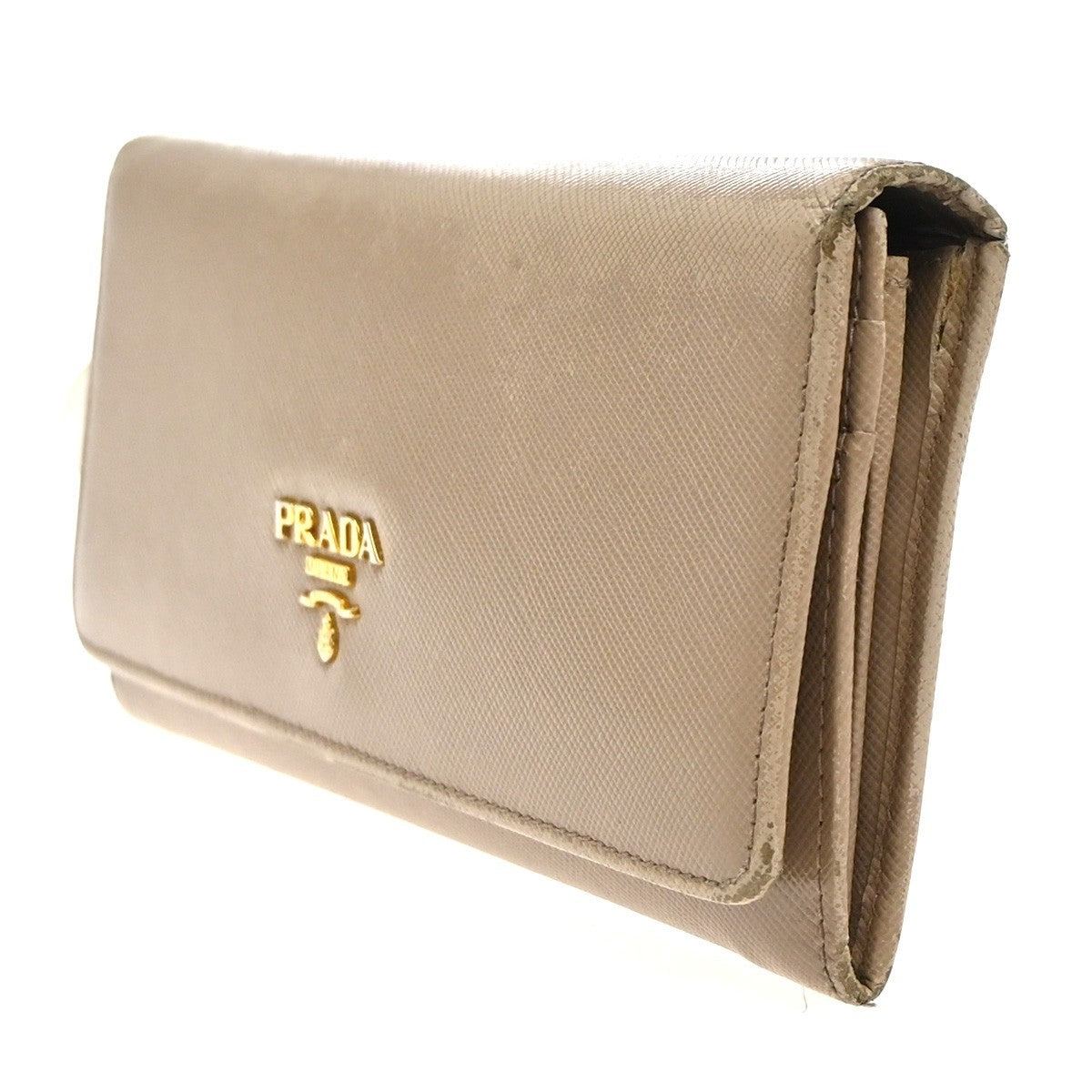 PRADA Logo Bifold Flap Long Wallet Saffiano Leather Beige GHW Italy 01KD036