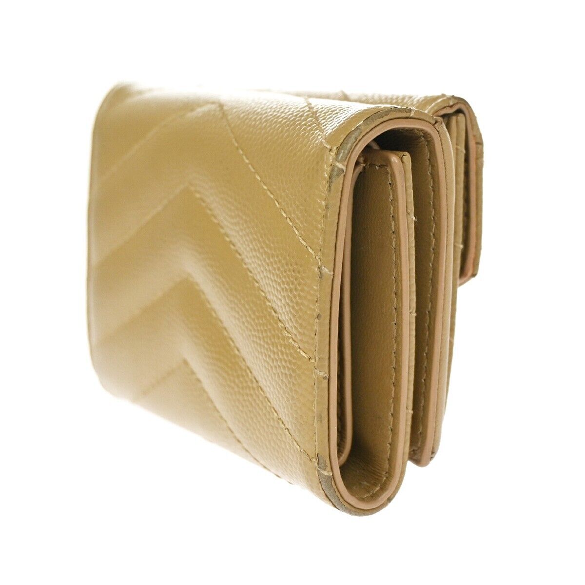 SAINT LAURENT YSL Logo Trifold Wallet Purse Leather Beige Gold Italy 66SH093