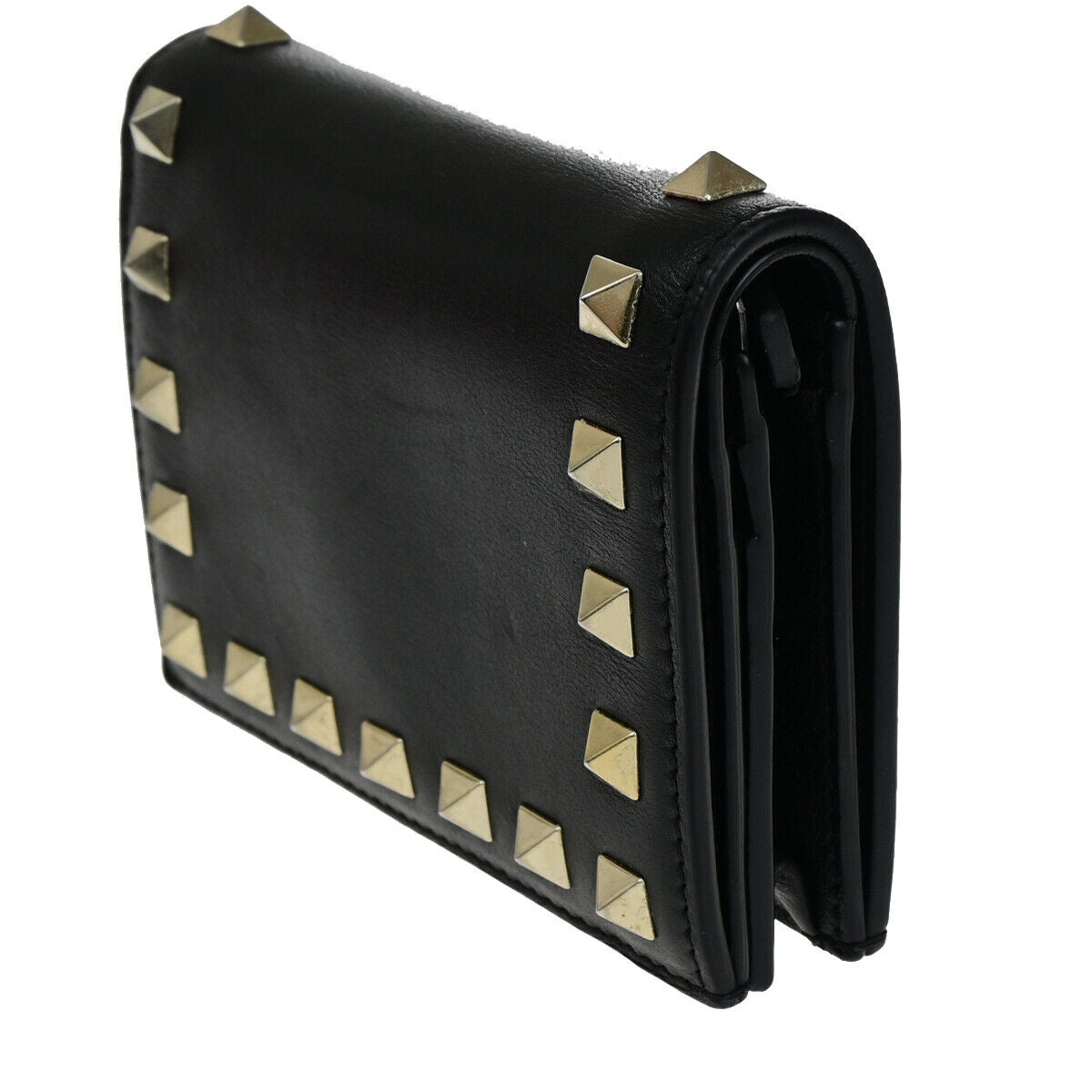 VALENTINO Logo Studs Compact Bifold Wallet Purse Leather Black GHW Italy 69YF968