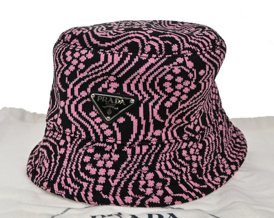 PRADA Logo Bucket Hat Size S Jacquard Pink Black Italy 80KB484