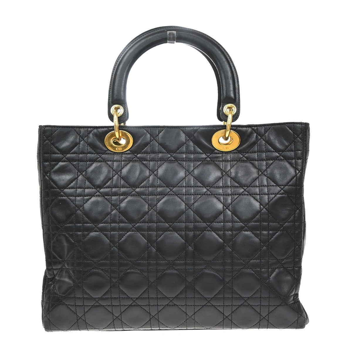 CHRISTIAN DIOR Lady Cannage Hand Tote Bag Leather Black Gold Italy 46RF672