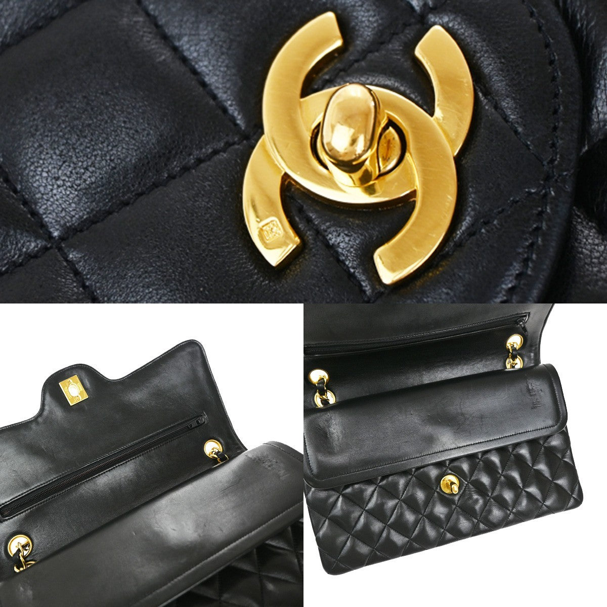 CHANEL CC Matelasse 25 Double Flap Chain Shoulder Bag Leather Black GHW 357RL460