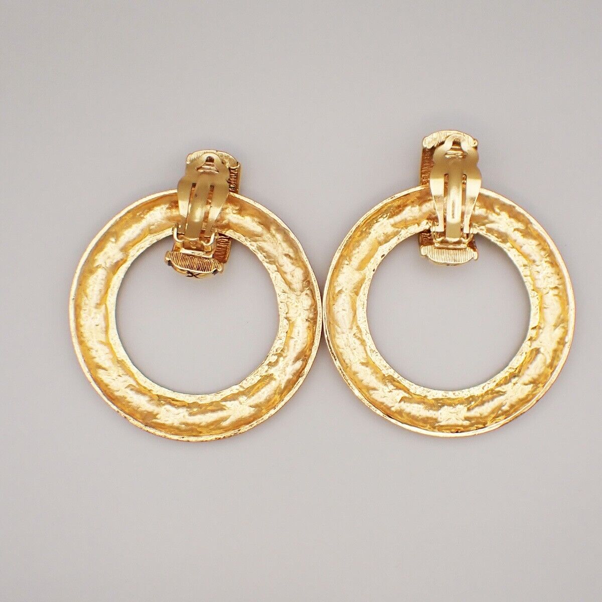 CHANEL Quilted Hoop Earrings Large Clip-On Gold GHW France Vintage 34YG567