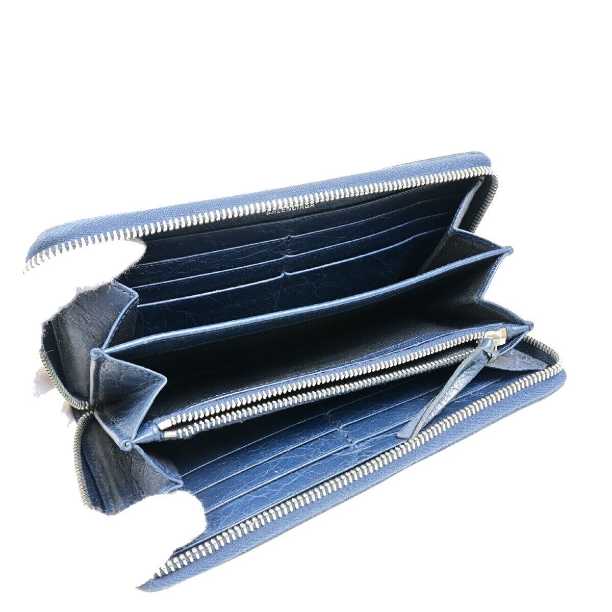 BALENCIAGA Logo Continental Zip Around Long Wallet Purse Leather Navy 09FB095
