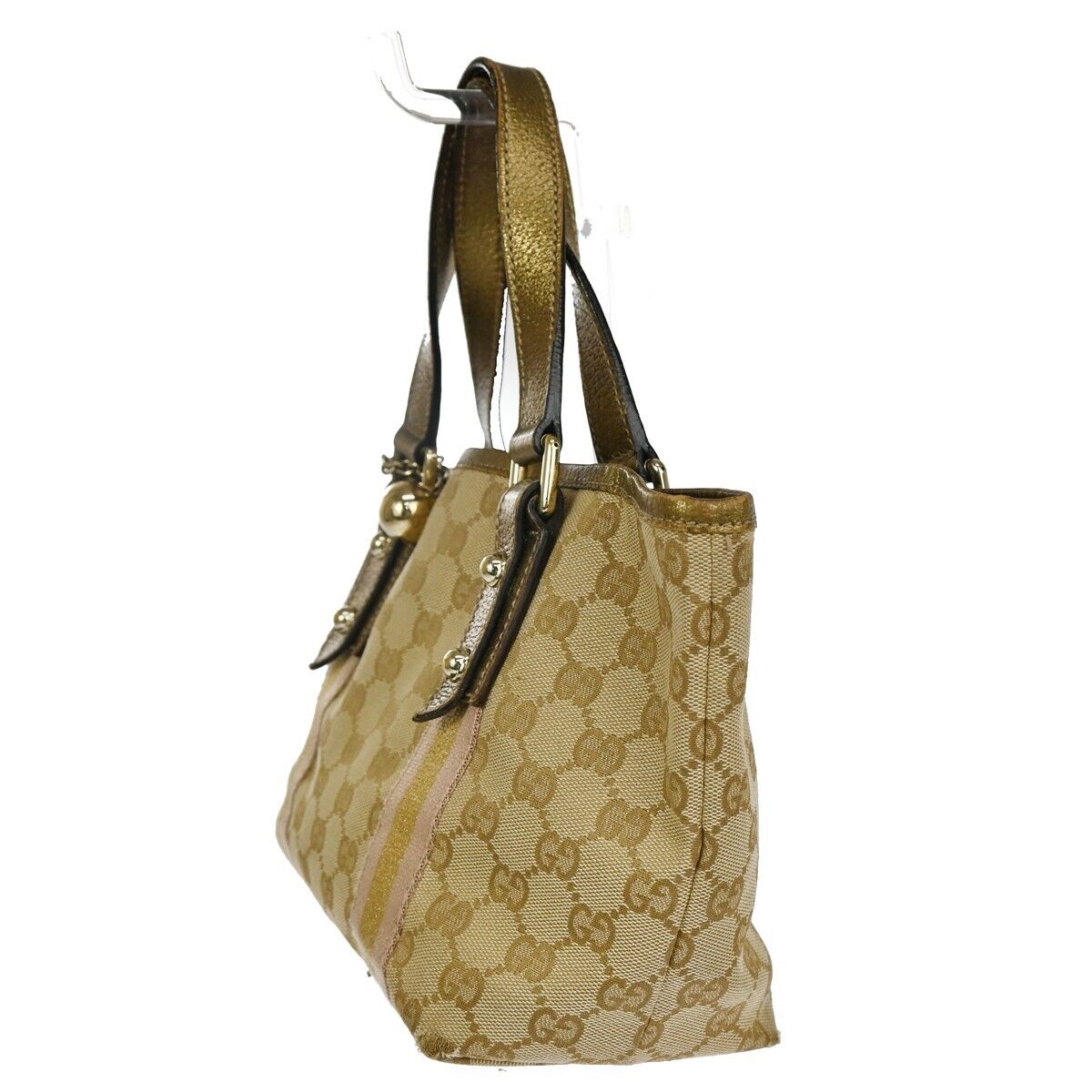 GUCCI GG Pattern Sherry Mini Hand Bag canvas Leather Beige Gold Italy 67DA078