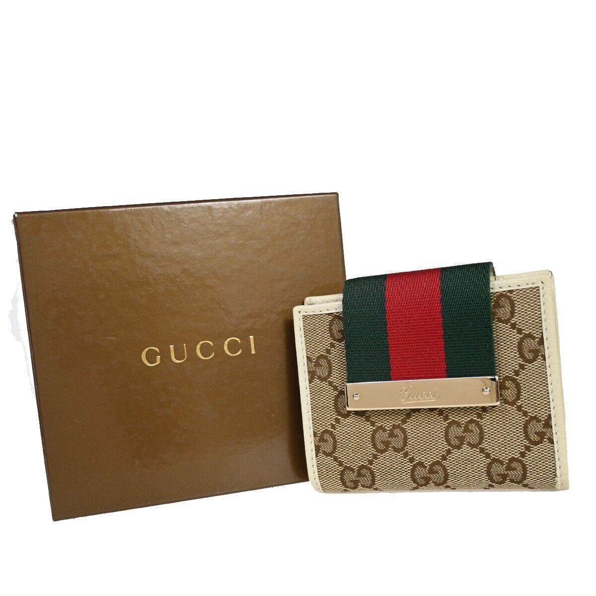 GUCCI Sherry GG Pattern Bifold Wallet Canvas Leather Brown White Gold 32RJ328