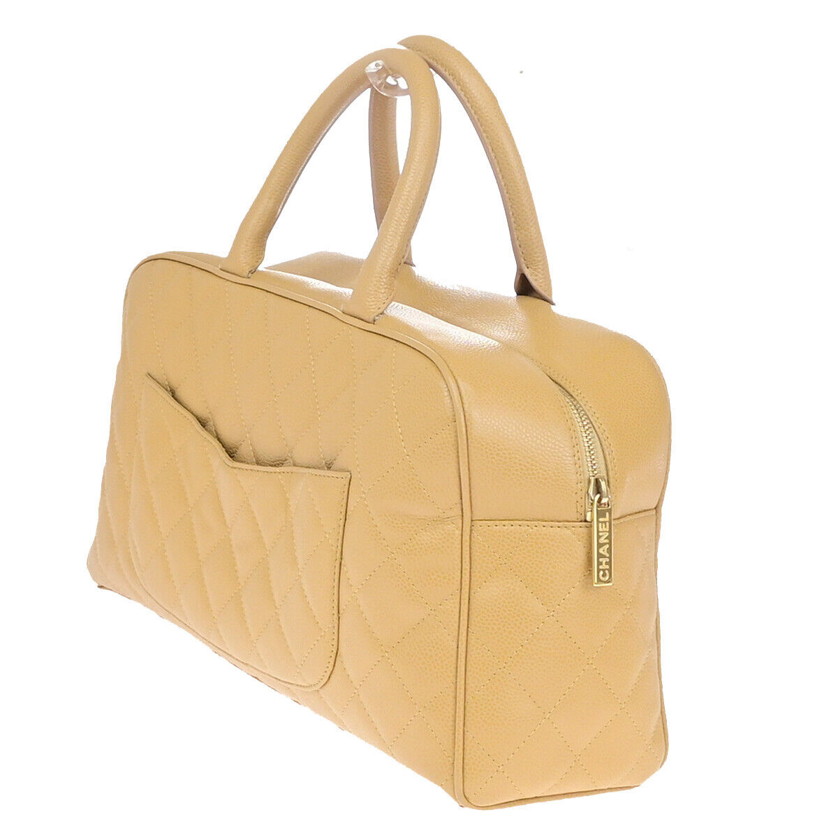 CHANEL CC Logo Matelasse Travel Hand Bag Caviar Skin Leather Beige GHW 307RJ952