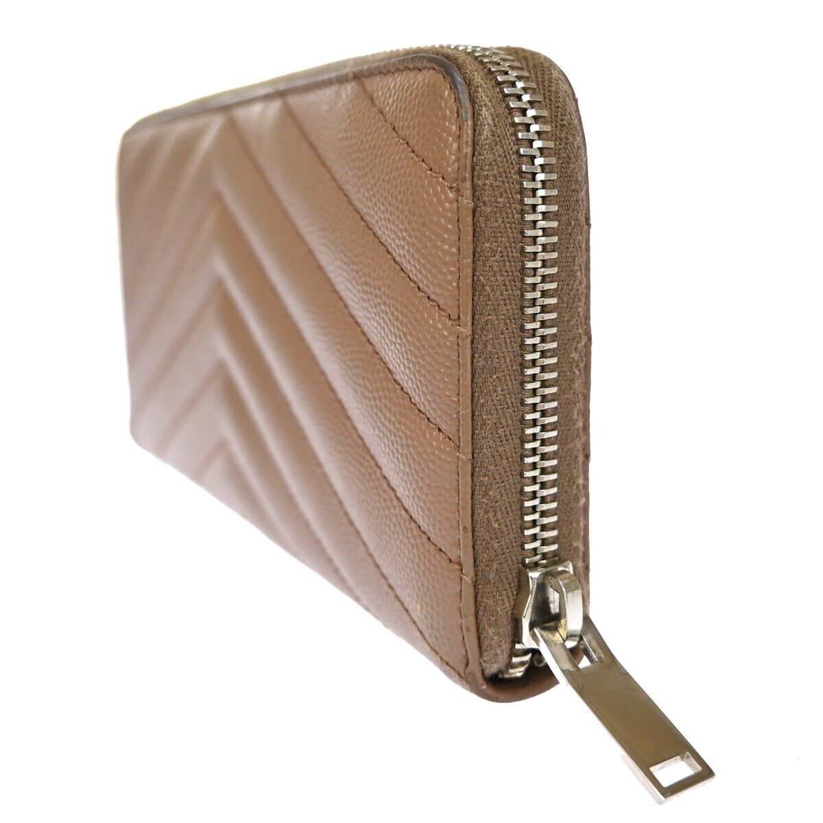 SAINT LAURENT YSL Logo Bifold Zipper Wallet Purse Leather Brown Italy 64EA259