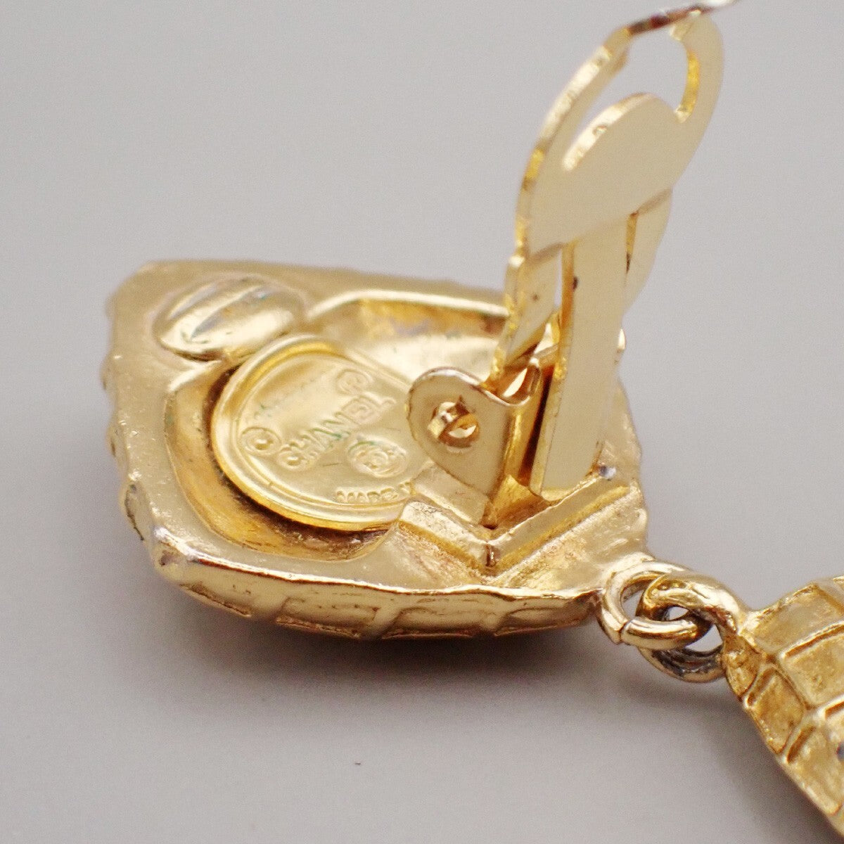 CHANEL Matelasse Diamond Shape Drop Earrings Rhinestone Clip-On Gold 73RL067