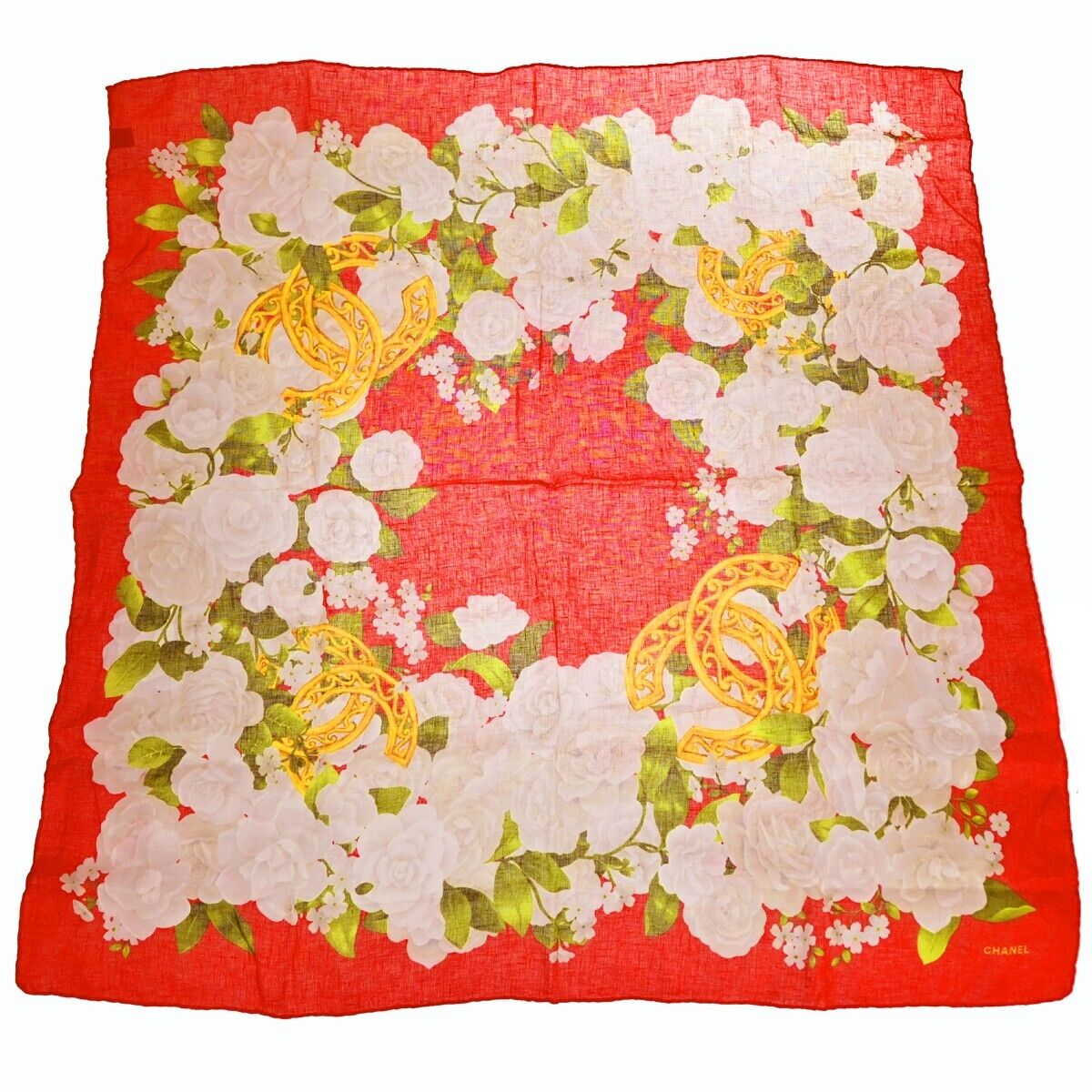 CHANEL CC Camellia XL JUMBO Scarf Handkerchief 100% Linen Red Accessory 61EA294