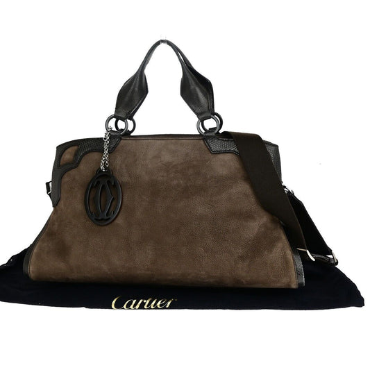 CARTIER 2C Logo 2Way Hand Shoulder Bag Leather Suede Brown Italy 31SH802