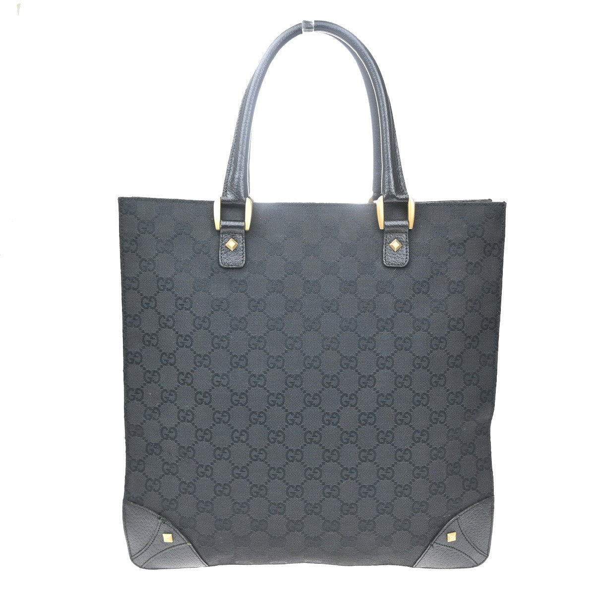 Gucci GG  Pattern Nailhead Tote Hand Bag Black Canvas Leather Italy 31SA080