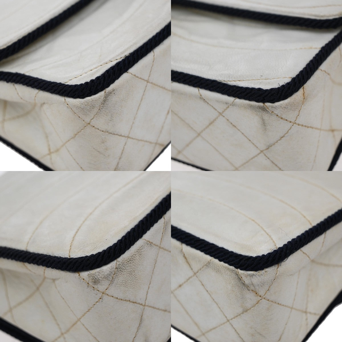 CHANEL CC Logo Wave Stitch Chain Shoulder Bag Leather White Vintage 49RF791
