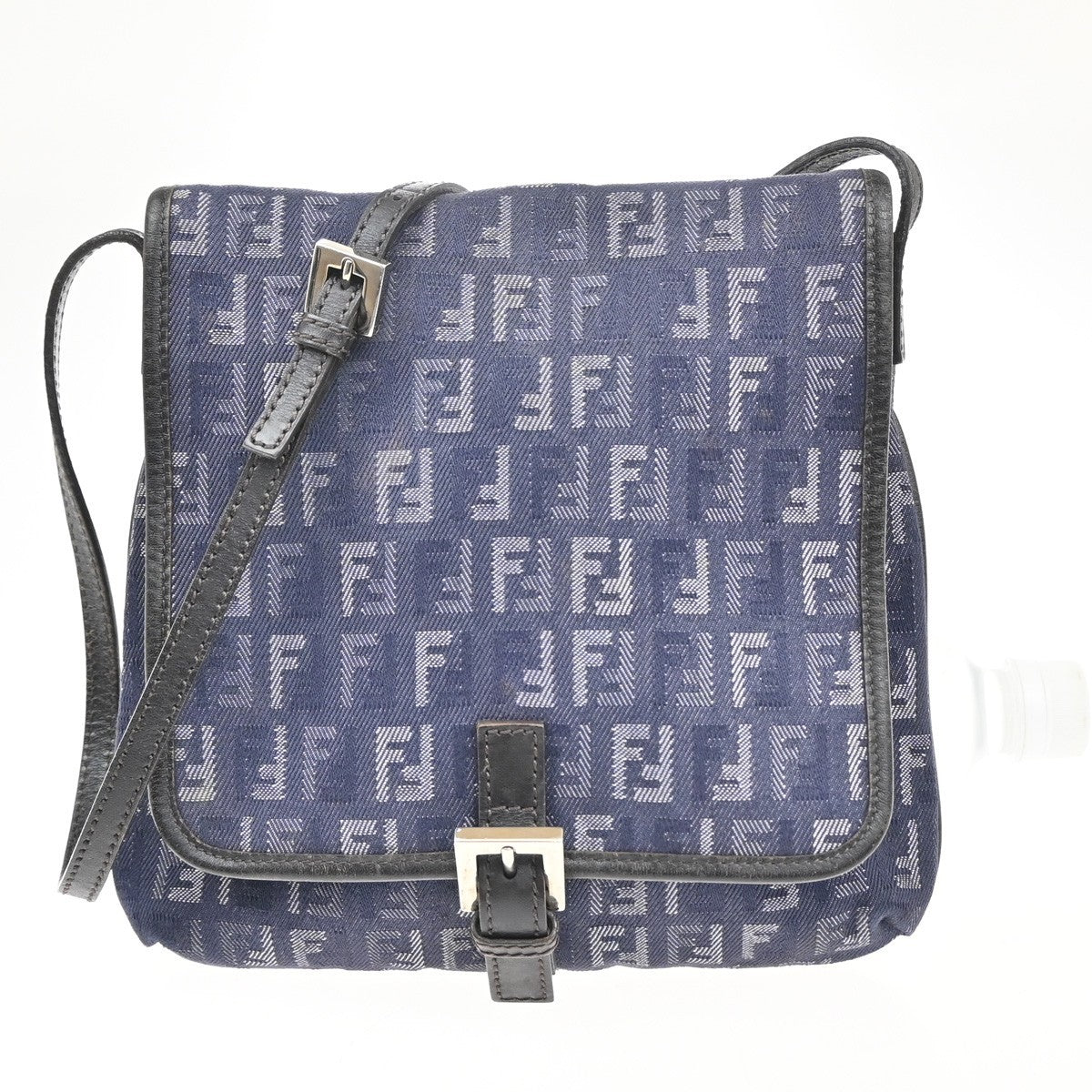 FENDI Logo Zuccino Flap Shoulder bag Canvas Leather Blue SHW Italy 85MA113