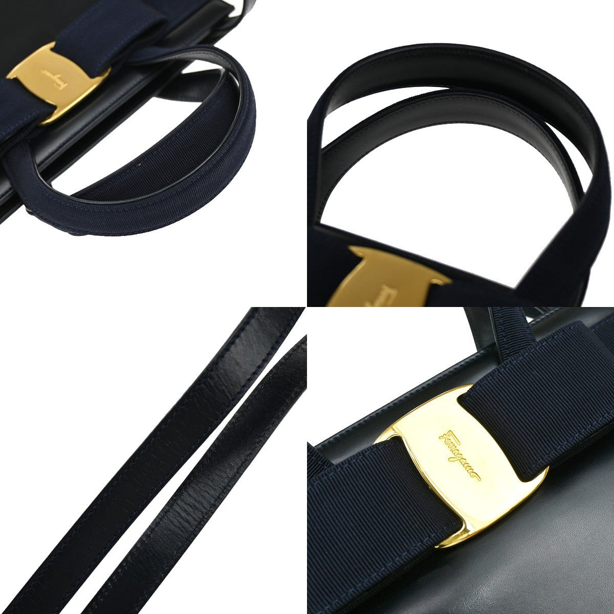 SALVATORE FERRAGAMO Vara Hand Bag Canvas Leather Navy Blue GHW Italy 37KA785